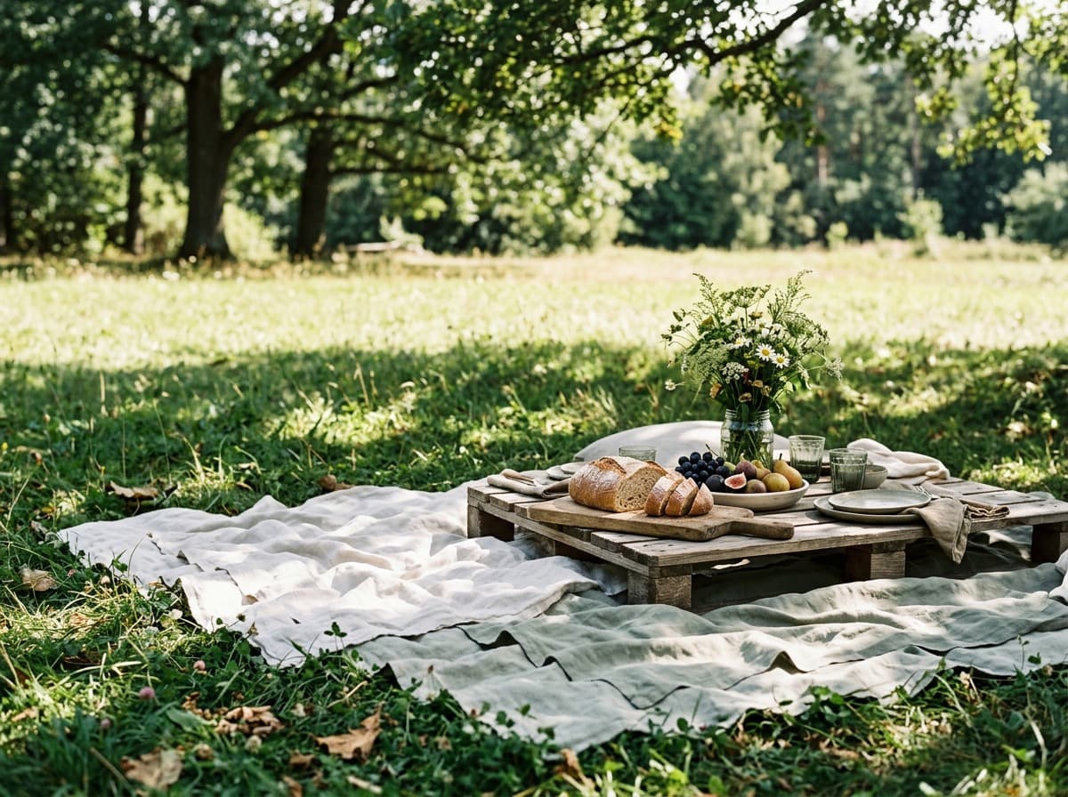Picnic blanket and bread board under oak trees