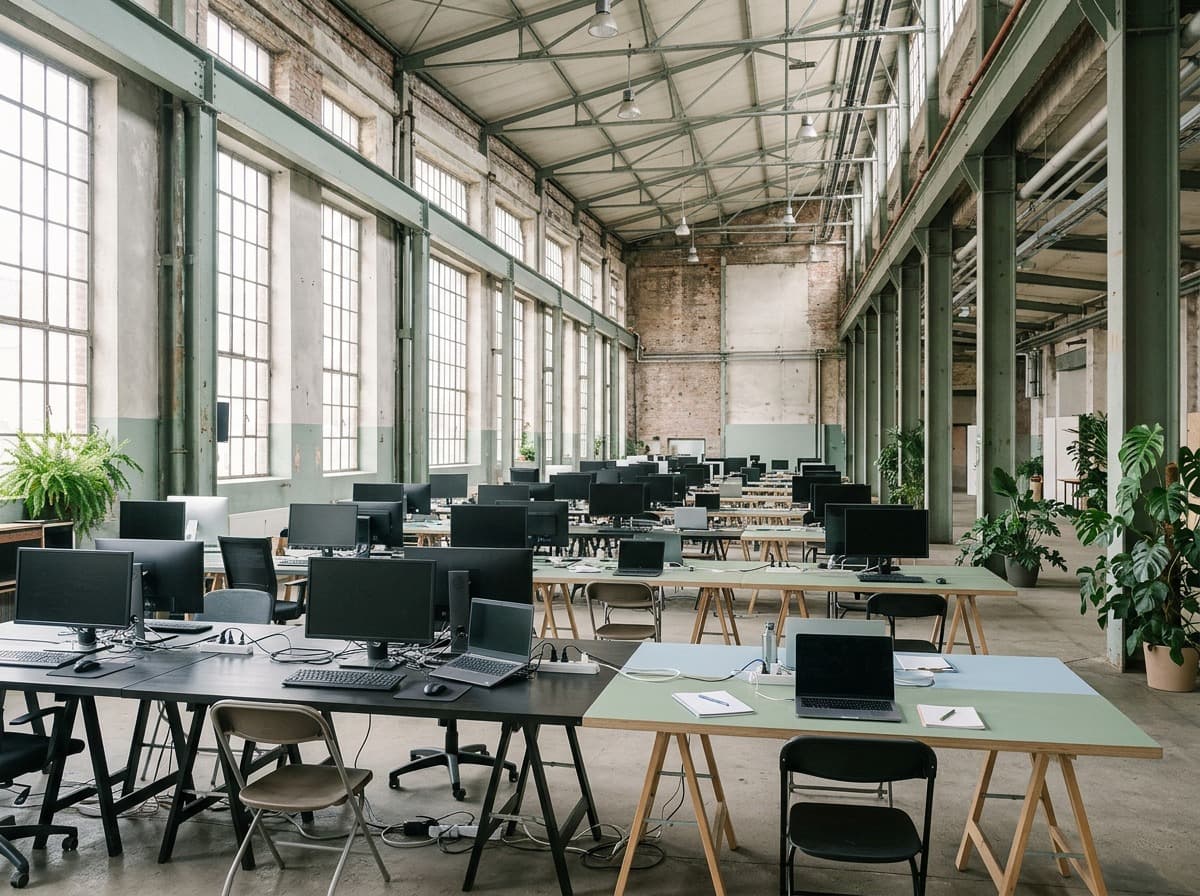 Rows of desks with monitors in a sunlit warehouse