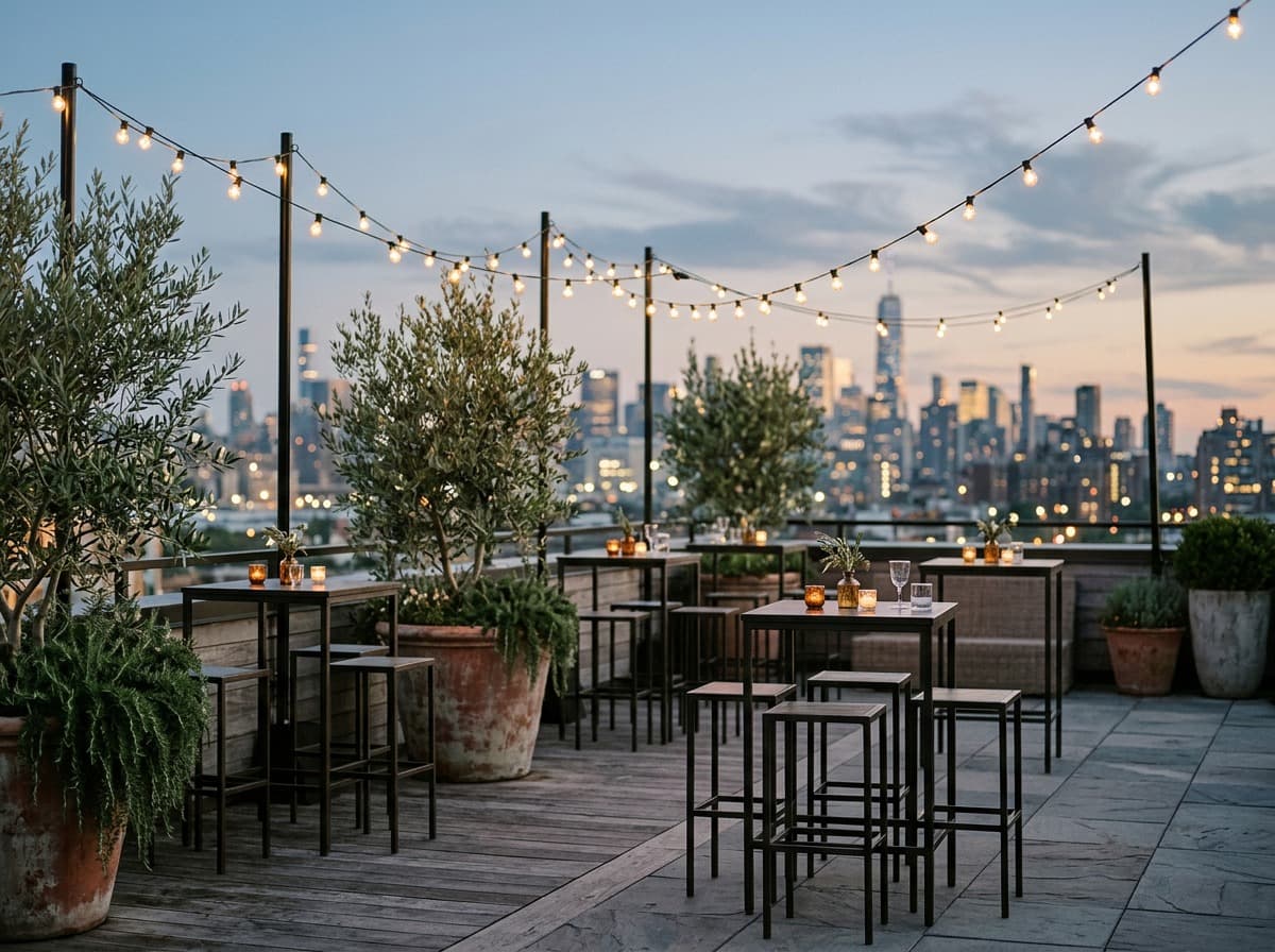 Rooftop terrace with string lights over a city skyline